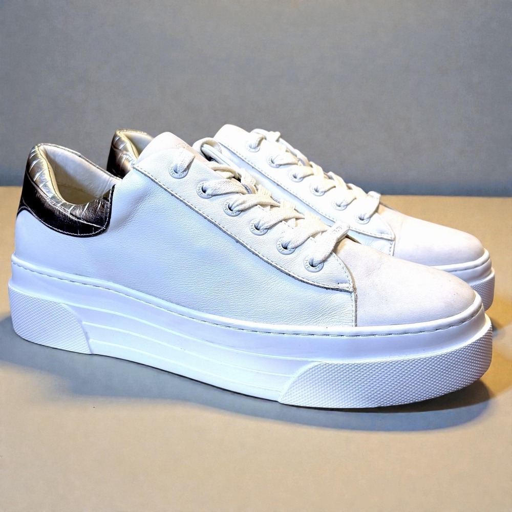 J Slides Platform Shoes White Leather Lace Up Womens Sneakers 10 Silver Heel